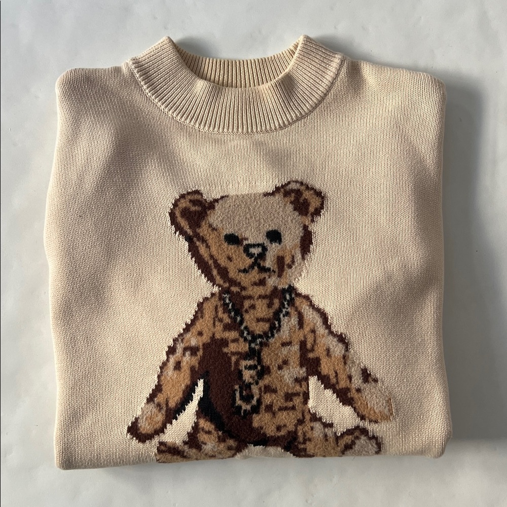 JOYRICH Teddy Bear Preppy Heavyweight Knit Beige Sweater Men's Large - Picture 8 of 11